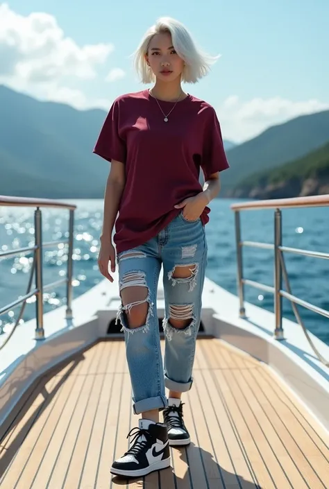  A Korean beauty wearing a long maroon t-shirt ,,  ripped jeans ,, standing on a yacht with white hair in sangul ,,Jordan shoes black and white 