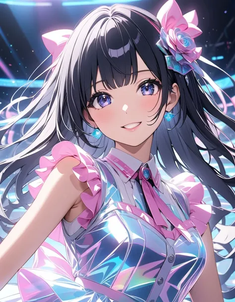 School idol, Photogenic, Highly detailed beautiful face, neat straight bangs arranged horizontally, long black hair, lovely smile, wearing an idol costume, Singing. holographic School idol, hologram, highly detailed. (Top quality, high resolution, masterpi...