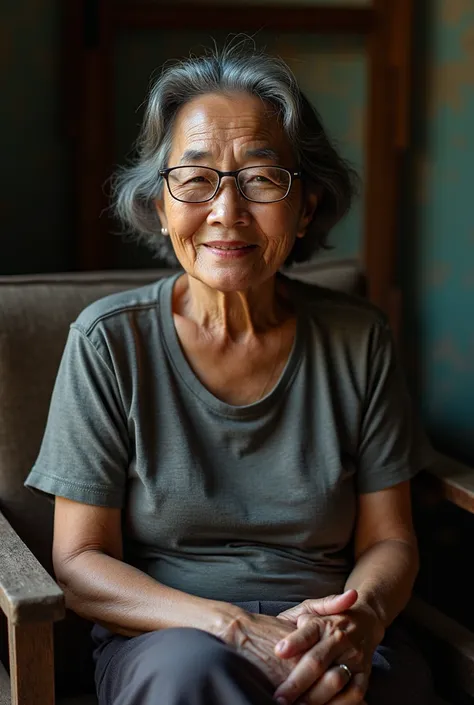 "A photograph of a 50-year-old Thai woman wearing glasses, sitting on a chair."