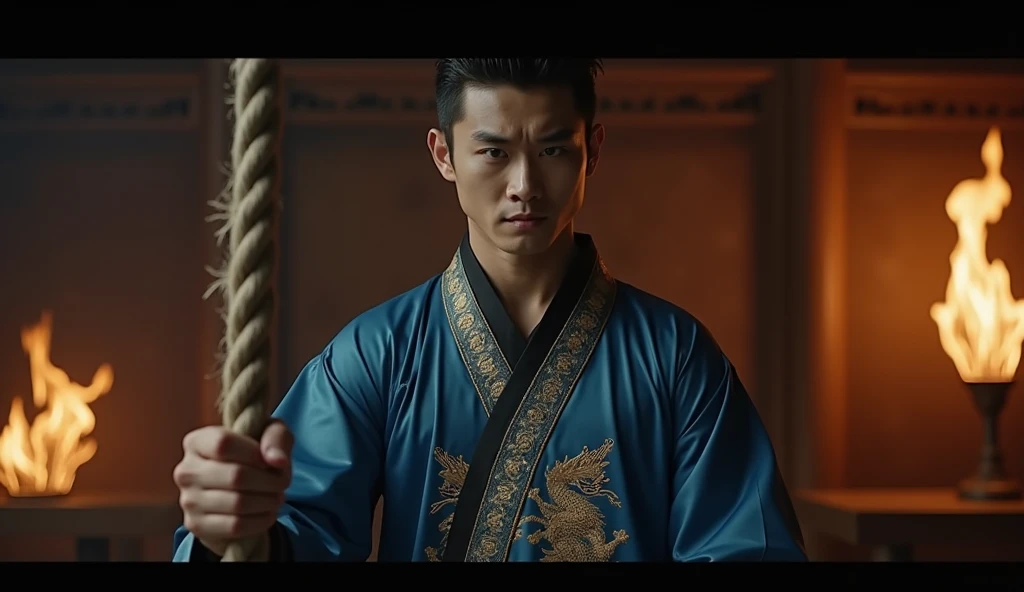 "A cinematic depiction of Hoàng, set in a dimly lit room with a flickering fire in the background.
The character is depicted as a young man in his early twenties, tall and strong, with a sharp, focused gaze. His face is tense, showing concentration and sli...