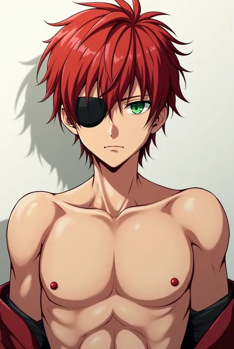 Create a shirtless, red-haired and young anime man with a black eye patch and a green eye, That you have a serious expression  
