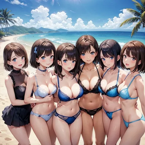  5 girls,  brown hair,  short hair,  blue eyes,  looking at the camera,Can you pose in maid clothes, (breast:1.2),  clevis, Thighs, Western-style building,( glamorous ),Clear skies, open her mouth ,Embrace each other