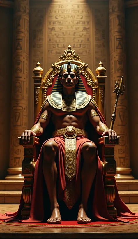 Prompt: A detailed, UHD depiction of an ancient Egyptian Pharaoh sitting arrogantly on a golden throne. The setting includes a lavish palace with hieroglyphic-adorned walls, heavy shadows, and a menacing aura around the Pharaoh to reflect his tyranny.