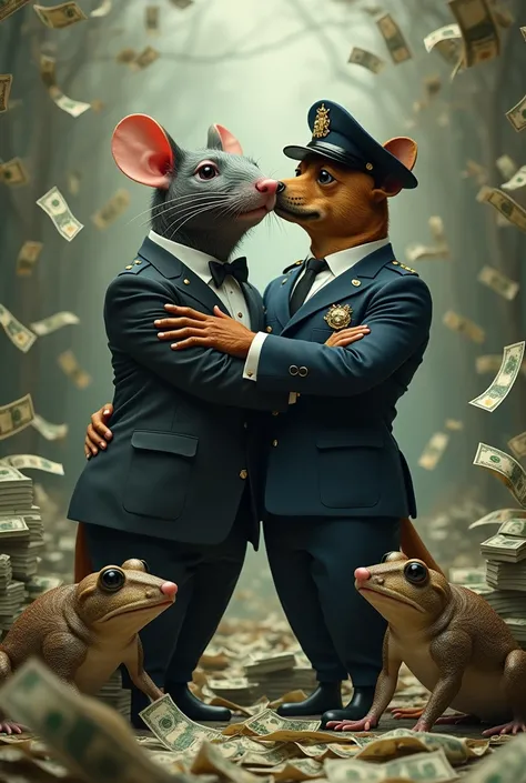 Make a photo of a giant rat wearing a suit and a giant dog wearing a police uniform embracing each other, and next to them several frogs bowing down in salute. 
with a background of  money falls and stacks of money 