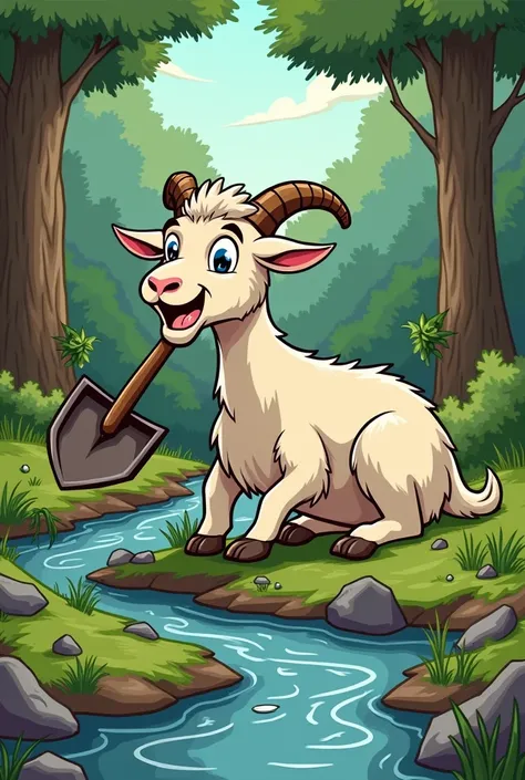 cartoon image: a goat with a shovel stuck in its head lies next to a small stream in the forest