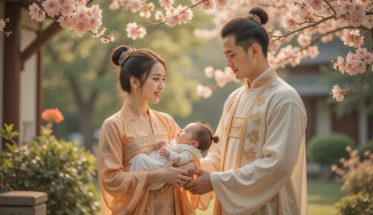 Tang Dynasty，Girl wearing Hanfu，Blossoming summer day ， of a woman holding a lovely  ， and a man watching the child happily beside him， walking happily in the yard ，You can show the birth and happiness of a new life through a heartwarming scene ， 。