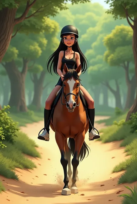 Woman 30 years, long straight black hair, wearing black elegant shorts with black sheer pantyhose, black vest and black short coat, white sneakers with black horse riding helmet, riding a horse through the woods sand path.

Pixar Cartoon Disney