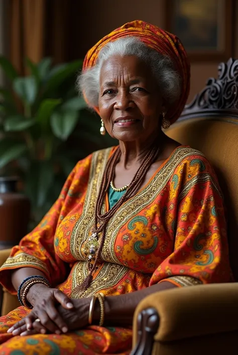 Grand mère africaine très belle âgé de 60ans qui porte une tenue africaine et assise sur une chaise dans une très belle maison