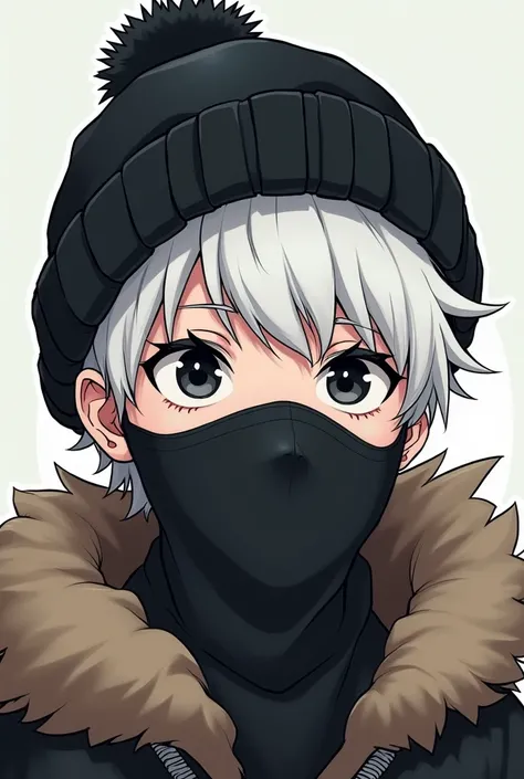 adult man,  cartoon anime style , Black-eyed albino with winter clothes, a black Ushanka hat and mask