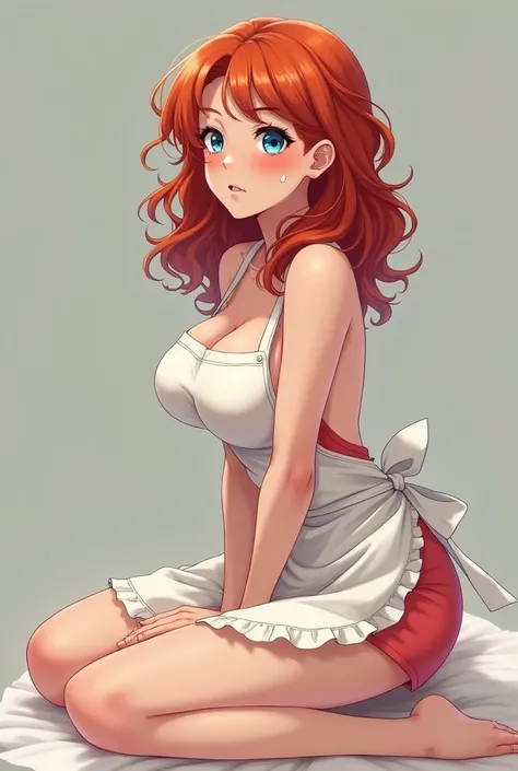 Beautiful Fitt girl skinny redhead curly neck blue eyes apron big breasts submissive obedient shy I feel proud scared in love kneeling on a pillow with liquid milk on her cheeks looking up with anime submission