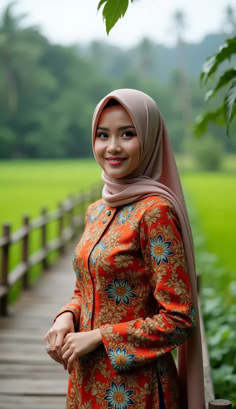  A beautiful Indonesian woman aged 25, wearing kebaya traditional Sundanese dress ,  wearing hijab standing near the bridge of a rice field .high resolution, Accurate, Best quality, HD, quality, UHD, 