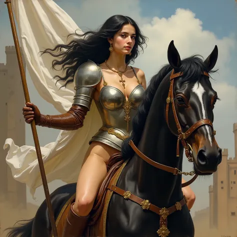 oil painting of young Persian girl, as Jeane dArque wearing a knight silver and gold armor on shoulders and breast, riding a black horse like a knight, holding a white flag, with a captivating and alluring expression, long black hair flying in the wind, we...