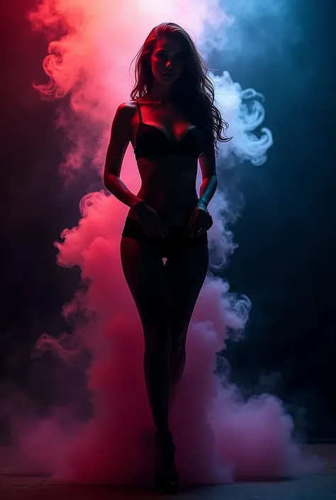  Create in a dark place the silhouette of a sexy black lady 
with a lot of colored smoke coming out of his body
