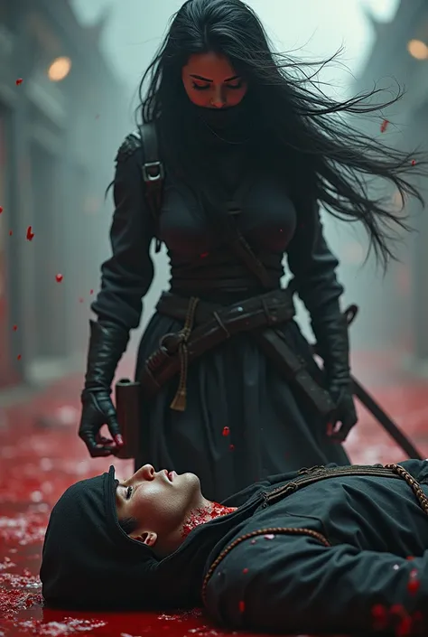 Hight quality, realistic, very beautiful woman, woman Soldier hell, male neck bloody splashed, mal e ninja full face mask, male hoodie, male die, woman very thick hair, ninja very bloody in neck, woman cut neck ninja by knife, ninja worship to woman