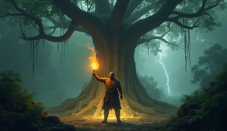 He stands in a clearing under a massive tree with roots that glow faintly, holding his flaming torch. The jungle seems to bow to his presence, as if recognizing him as its ruler.  