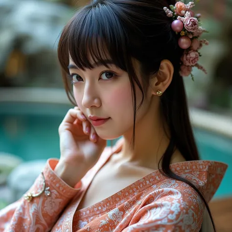 A mesmerizingly enchanting East-Asian woman with bangs, gazes out, with eyes that seem to draw you in. This composite photograph captures a surreal blend of fantasy and reality. She is adorned in luxurious, shimmering robes that seem to shift in color with...