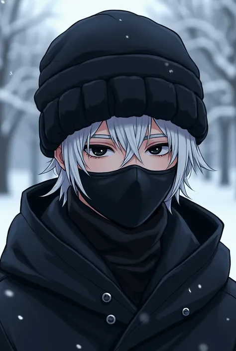 handsome adult man,  anime style, Black-eyed albino with winter clothes, a black Ushanka hat and mask