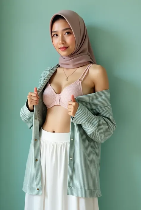 A Indonesia hijab girl, long green and white vertical stripe shirt unbutton, tosca pattern bra, tosca satin soft hijab, soft stomach,wear white transparent pleated skirt, showing bra, strip her cloth pose, while body photoshot, strip her shoulder, showing ...