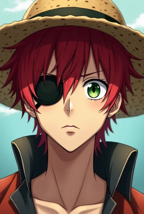  Create an anime character man with a straw hat and a red haired hair,  who has green eyes but has a black patch on one eye, That you have a serious expression   (That you can see a lot man )