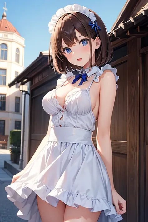  5 girls,  brown hair,  short hair,  blue eyes,  looking at the camera,Can you pose in maid clothes, (breast:1.2),  clevis, Thighs, Western-style building,( glamorous ),Clear skies, open her mouth ,Embrace each other