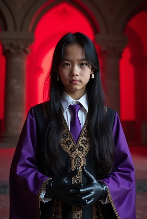 Live Action pre teen Tall Asian boy with Long Flowing black Hair,  Wearing a Very LONG Sleeved Purple, Black And Gold Religious Outfit, Over a White Dress Shirt and Purple Tie, With the Sleeves Covering his Palms With Black Leather Gloves and Holy Crucifix...