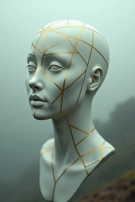  Mannequin head with a smile , coming out of the fog ,  with golden lines making triangles on the face 
