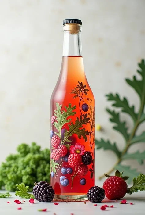 make a glass bottle of a kombucha berries and kale flavor 
the glass bottle is decorated with berries and kale