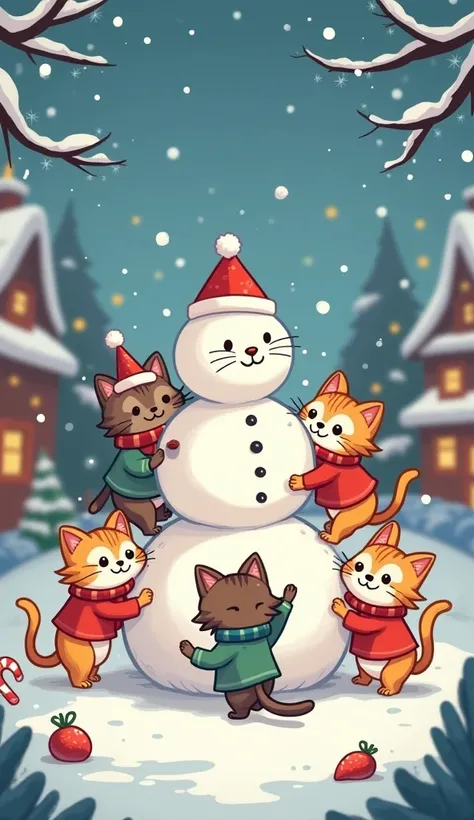 cats, Christmas, build snowman, wallpaper for phone theme, cartoon style