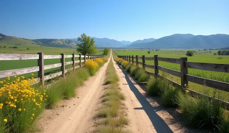 A rural dirt road flanked by wooden fences and wildflowers, leading to a vanishing point with distant hills under a clear blue sky. Camera at street level.