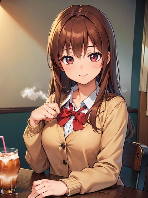 (8k, Live shooting, best quality, muste piece: 1.2), High-definition RAW color photo, professional photography, cinematic light, ((1 female)), Alone, (reddish brown hair), ((drink tea)), anime girl, drinks energy drink, anime moe art style, blazer, sweater...