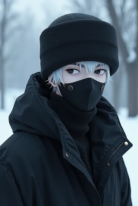 handsome adult man,  anime style, Black-eyed albino with winter clothes, a black Ushanka hat and mask