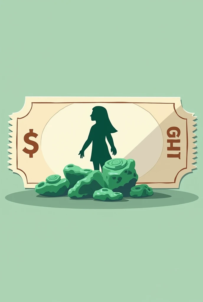 Flat illustration with horizontal orientation on a Monopoly game ticket but instead of money it will be jade and add the silhouette of a Maya and the price of the ticket on the sides