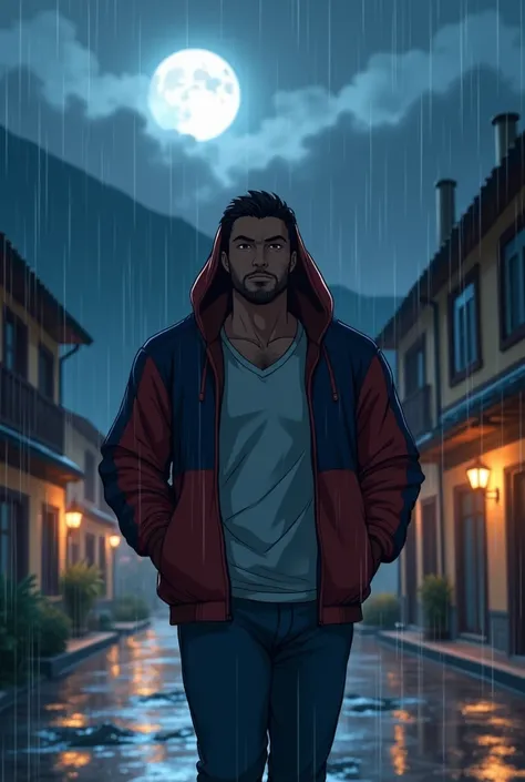  Thick-built man about 30 years old with dark complexion black and brown hair without a beard  , anime design ,  hooded jacket in red and blue  , V-neck polo shirt ,  jean pants,   walking through a town in the mountains of Peru while the rain falls on a n...