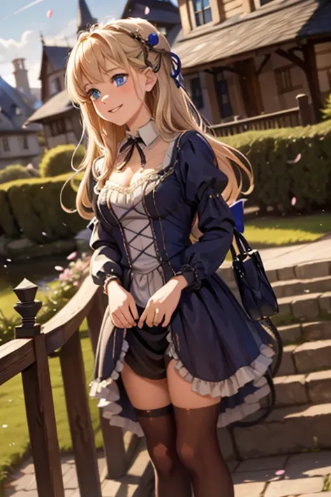 Village realistic、 Virginia Otis  Blonde Blue Eyes、Victorian city,  Europe. Aristocratic Girl、looking up from below、  Wearing a Long-Sleeved Sheer Fabric Dress 、 orgasms while screaming 、Face Smile、 cute face, s full body, Rain of Petals , Petals Flutterin...