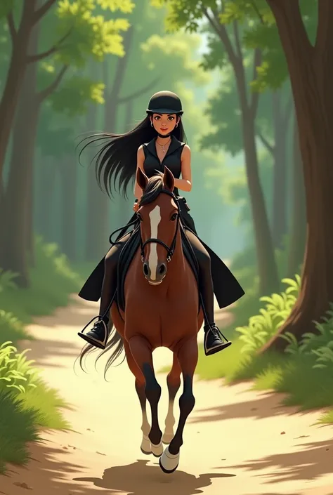 Woman 30 years, long straight black hair, wearing black elegant shorts with black sheer pantyhose, black vest and black short coat, white sneakers with black horse riding helmet, riding a horse through the woods sand path.

Pixar Cartoon 