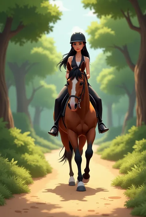 Woman 30 years, long straight black hair, wearing black elegant shorts with black sheer pantyhose, black vest and black short coat, white sneakers with black horse riding helmet, riding a horse through the woods sand path.

Pixar Cartoon Disney