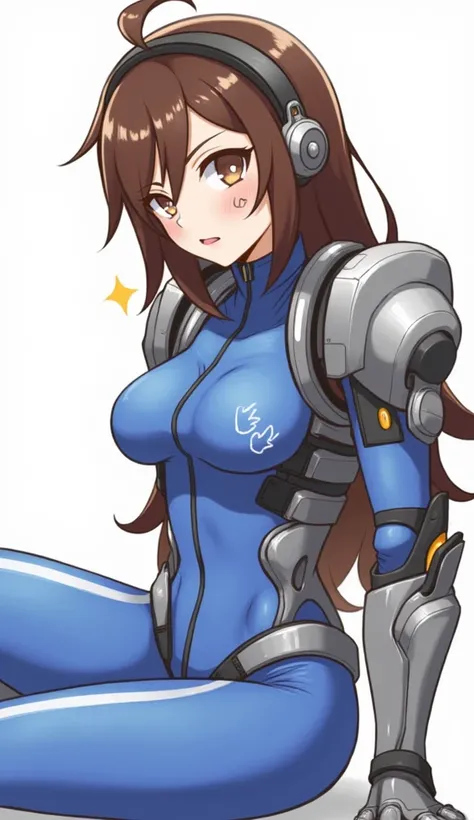 DVaOver, 1girl, Alone, d.vain (Overwatch), breasts, brown hair, Bodysuit, facial mark, Mustache Marks, headphones on head,  long hair, pilot suit, Luvains, isca (Overwatch),  brown eyes , luvains brancas, Mecha, fringe, tight skin,  Open Legs , lips, fring...