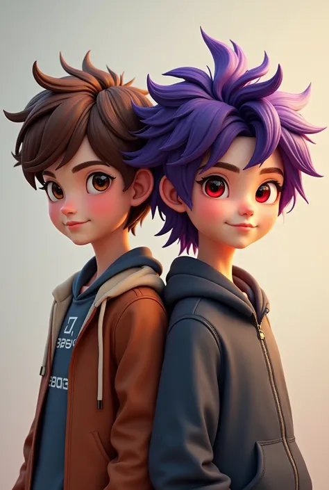 2 boys together 1 has brown hair and brown eyes the other has Dark purple hair and red eyes