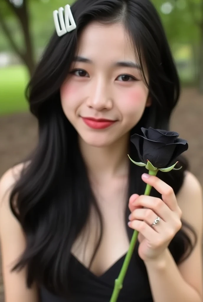  korean woman aged25, Big Breasts,Cleavage, Holding a black rose,  sexy black dress ,  dark forest ,The jungle,Forest in fiction, depth of clarity ,  dark tone ,Pretty Thighs ,fair skin 