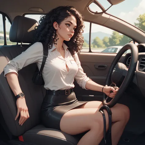 young woman drives with hands on the steering wheel, white official shirt, black tight mini skirt, black curly hair, seat belt between flat breasts, inside car
