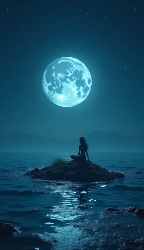  Many stars float on the surface of the sea ，Gives off a faint glow， Some stars fly to the moon ，Clear sky 。 A mermaid sits on the reef next to it，