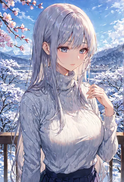 1 girl, solo, mature woman, A Japanese house wife, a cold beauty, medium size breast, she has white straight long hair, she has grey eyes, calm, elegant expression, looking down with gentle eyes, wearing a modest turtleneck sweater and a navy-blue pleated ...