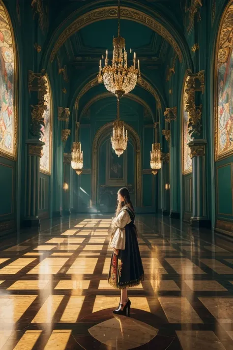  A Young and Complex Woman in the Royal Palace,  Art by Ivan Aivazovsky, Wide-angle lens/2.8,  Ultra High Resolution Complex Textures, Texture Indentation, perfect perspective, Perfect Geometry, Ultra Crazy Ambient Lighting ,  Super Crazy Ambient Shadows ,...