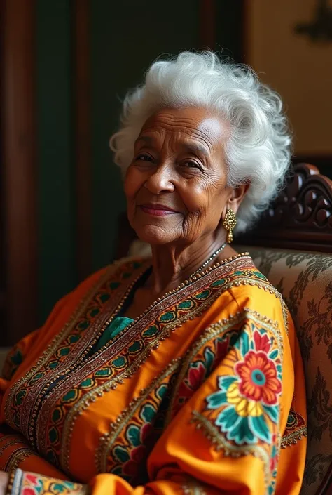 Grand mère africaine très belle âgé de 60ans qui porte une tenue africaine et assise sur une chaise dans une très belle maison