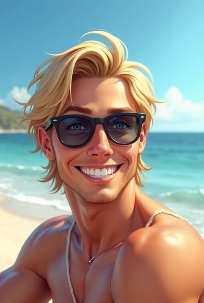 Create a face of a blond young man with a beautiful smile and dark glasses on the beach 