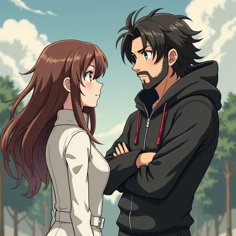 In anime style you have a boy with a beard with his arms crossed with a serious look and a girl in front of him with a serious look, Looking at each other after having a battle ,  to the boy who wears a hooded and slightly torn black outfit and who has lon...