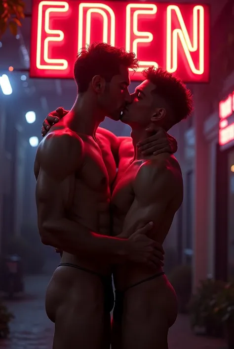 Realistic sign that says EDEN in neon and 2 real handsome full body naked men kissing each other