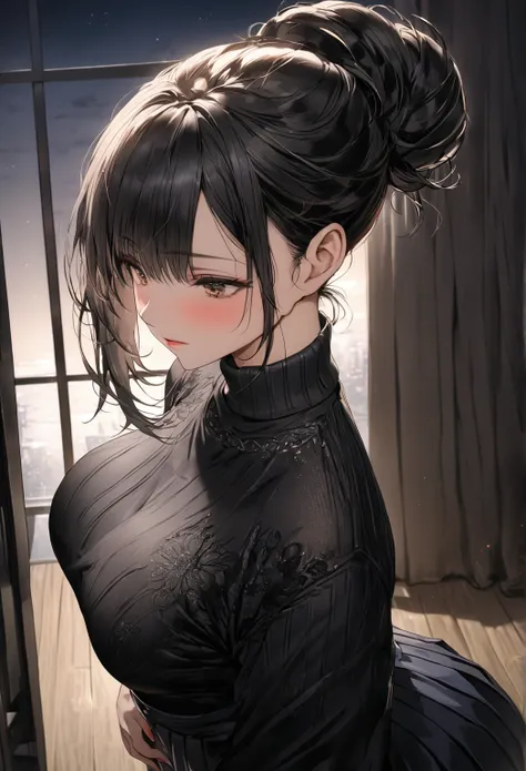 ((Highest quality)), ((masterpiece)), (detailed), (one girl), sexy, busty Japanese housewife, black hair style in a single loose bun in the back, mature Woman, A mother with warm eyes, Looking down with gentle eyes, black turtleneck sweater, a pleated skir...