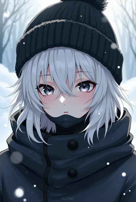 handsome adult man,  anime style,  albino medium length hair almost covering her eyes, droopy black eyes with winter clothes, a black Ushanka hat and mask