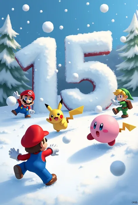 Create an image of the Smash Bros characters having a snowball fight and the number 15 in the snow